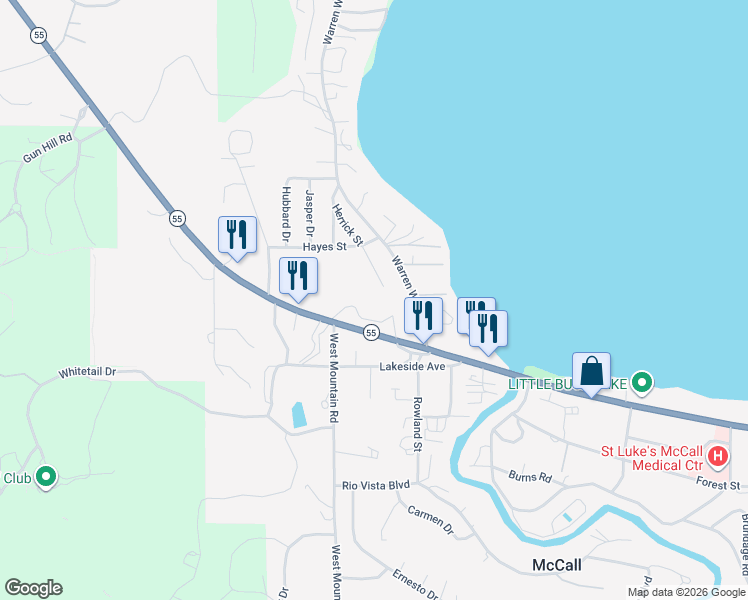 map of restaurants, bars, coffee shops, grocery stores, and more near 1239-1245 Herrick Street in McCall