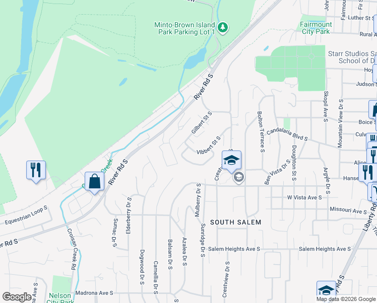 map of restaurants, bars, coffee shops, grocery stores, and more near 2849 Vibbert Street South in Salem