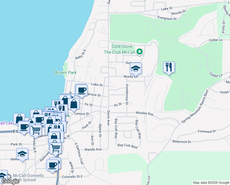 map of restaurants, bars, coffee shops, grocery stores, and more near 705 Spruce Street in McCall