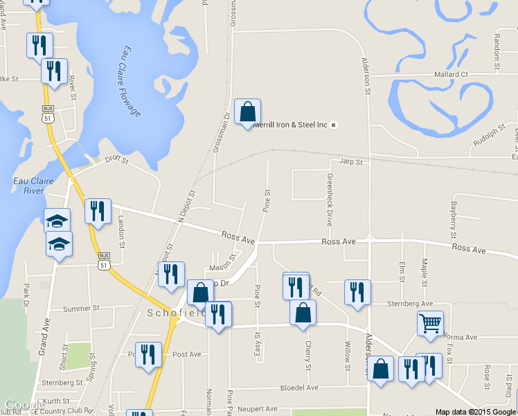 map of restaurants, bars, coffee shops, grocery stores, and more near 1070 Pine St in Schofield