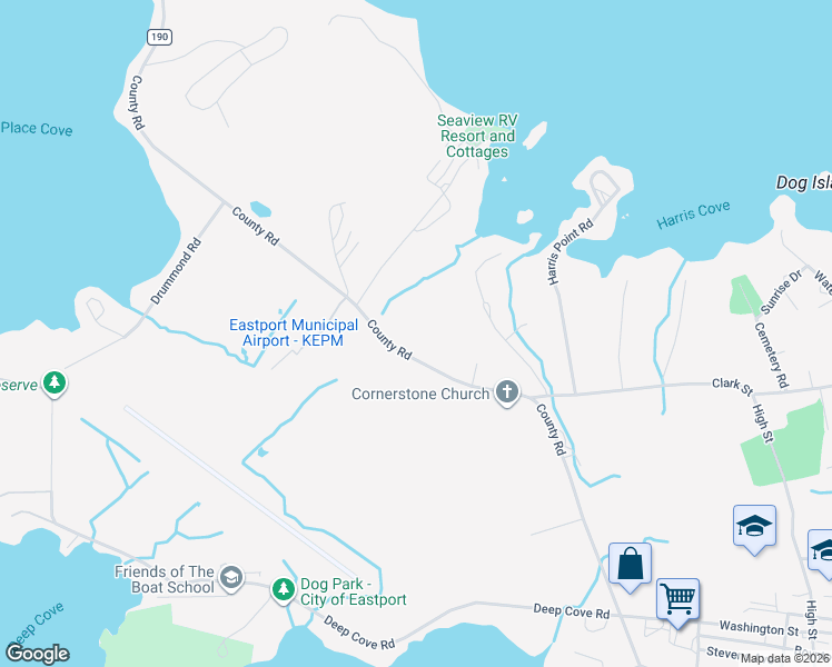 map of restaurants, bars, coffee shops, grocery stores, and more near 123 County Road in Eastport