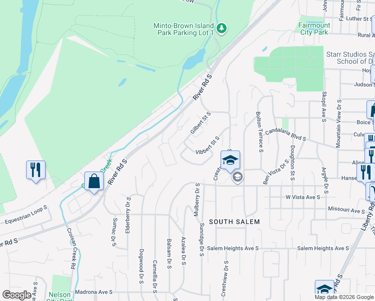 map of restaurants, bars, coffee shops, grocery stores, and more near 2849 Vibbert Street South in Salem