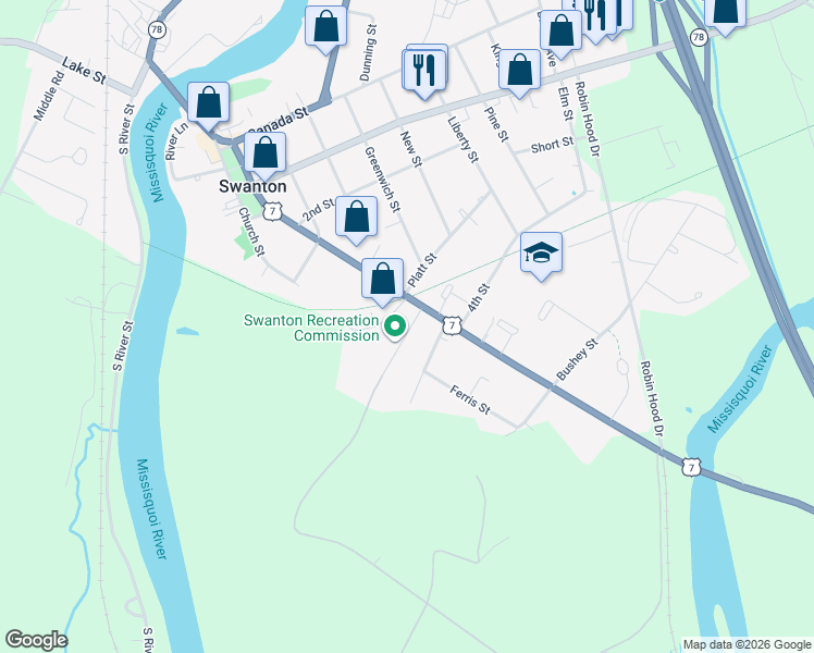 map of restaurants, bars, coffee shops, grocery stores, and more near 7 Blake Street in Swanton