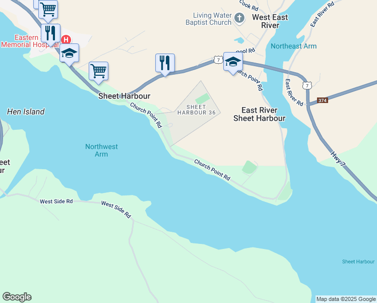 map of restaurants, bars, coffee shops, grocery stores, and more near 115 Church Point Road in Sheet Harbour
