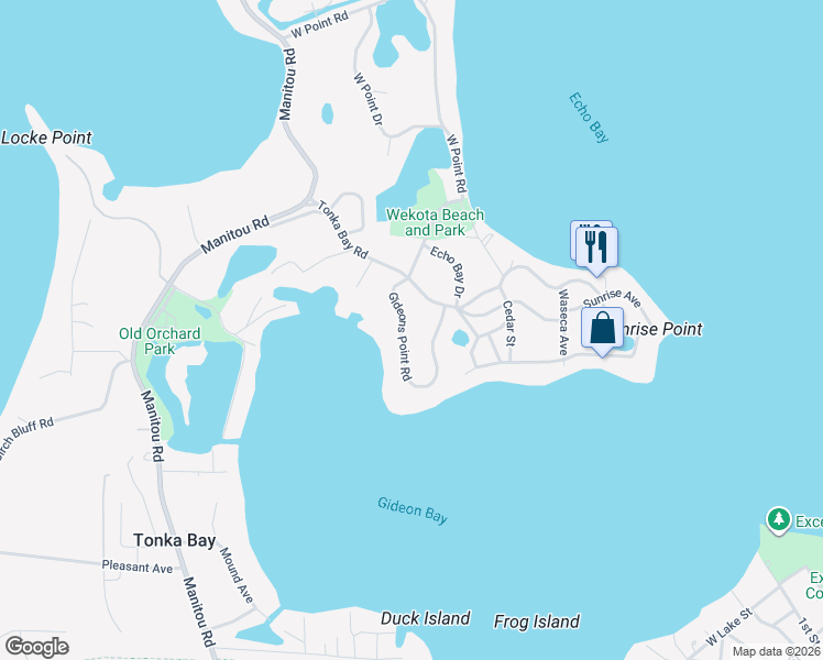map of restaurants, bars, coffee shops, grocery stores, and more near 35 Gideons Point Road in Excelsior