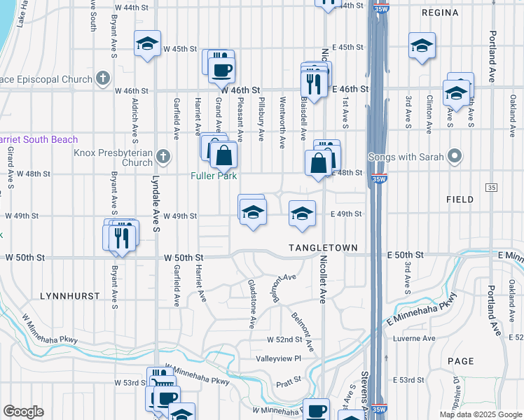 map of restaurants, bars, coffee shops, grocery stores, and more near 144 East 49th Street in Minneapolis
