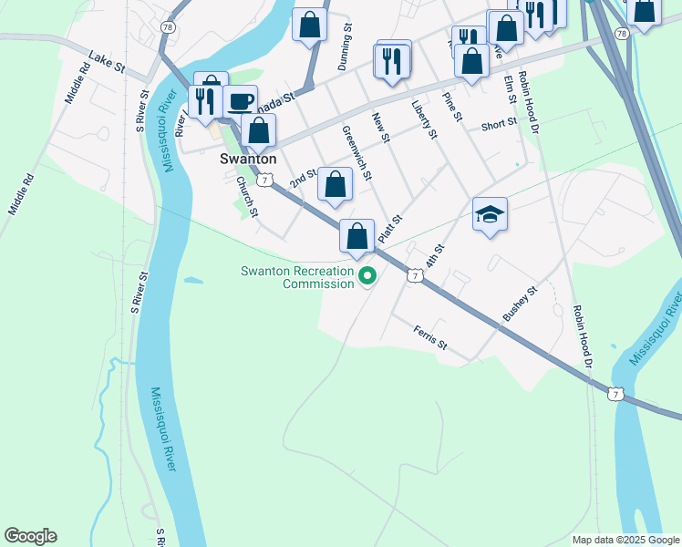 map of restaurants, bars, coffee shops, grocery stores, and more near 8 Blake Street in Swanton
