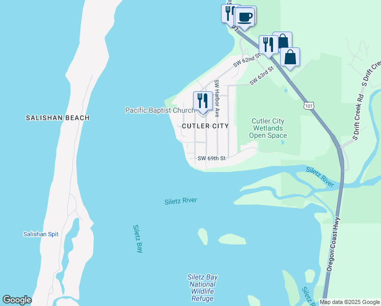 map of restaurants, bars, coffee shops, grocery stores, and more near 910 Southwest 68th Street in Lincoln City