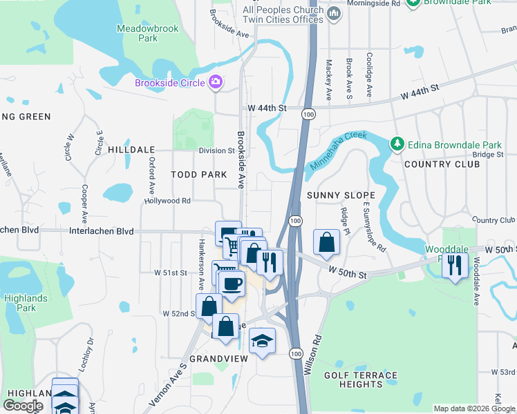 map of restaurants, bars, coffee shops, grocery stores, and more near 5104 Millpond Place in Minneapolis