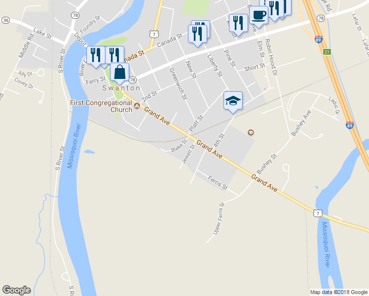 map of restaurants, bars, coffee shops, grocery stores, and more near 7 Blake Street in Swanton