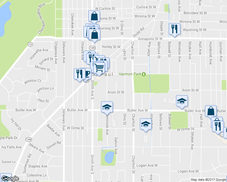 map of restaurants, bars, coffee shops, grocery stores, and more near 319 Arion Street West in Saint Paul