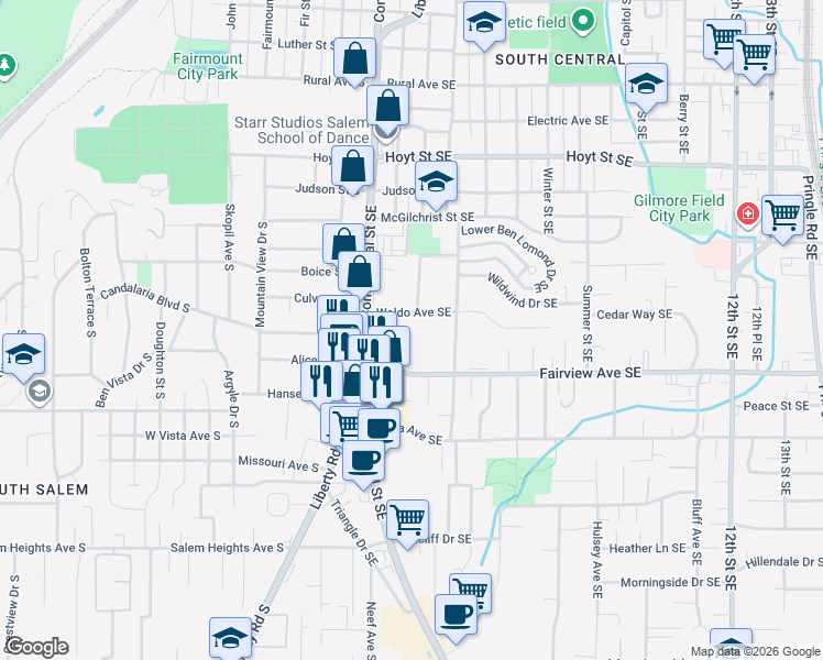 map of restaurants, bars, coffee shops, grocery stores, and more near 396 Waldo Avenue Southeast in Salem