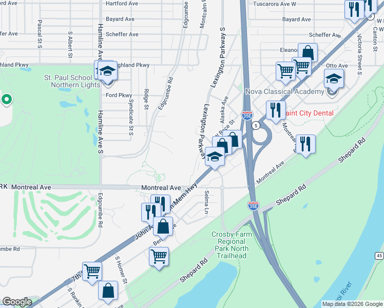 map of restaurants, bars, coffee shops, grocery stores, and more near 875 Lexington Parkway South in Saint Paul
