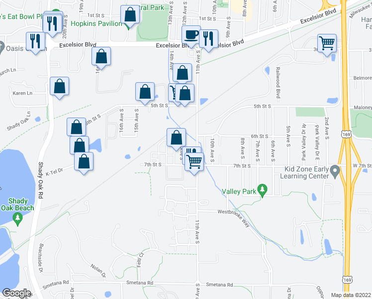 map of restaurants, bars, coffee shops, grocery stores, and more near 609 12th Avenue South in Hopkins