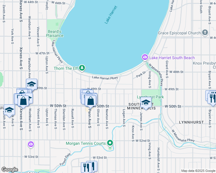map of restaurants, bars, coffee shops, grocery stores, and more near 2022 West 49th Street in Minneapolis