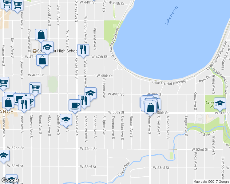 map of restaurants, bars, coffee shops, grocery stores, and more near 2622 West 49th Street in Minneapolis