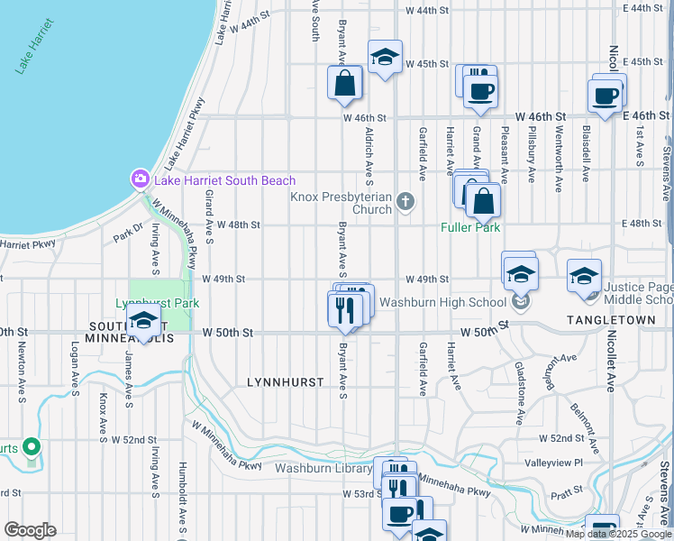 map of restaurants, bars, coffee shops, grocery stores, and more near 4852 Bryant Avenue South in Minneapolis