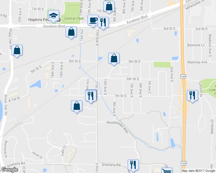 map of restaurants, bars, coffee shops, grocery stores, and more near 621 10th Avenue South in Hopkins