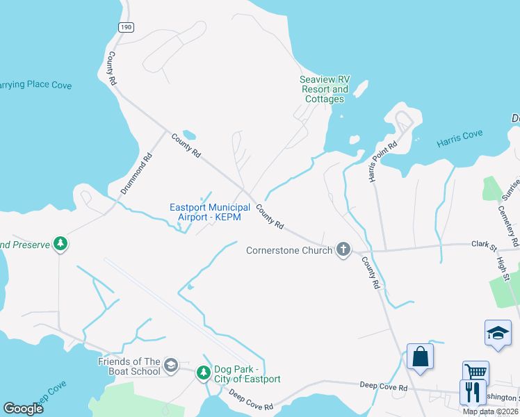map of restaurants, bars, coffee shops, grocery stores, and more near 194 County Road in Eastport