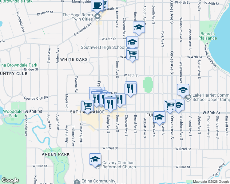 map of restaurants, bars, coffee shops, grocery stores, and more near 4852 Drew Avenue South in Minneapolis