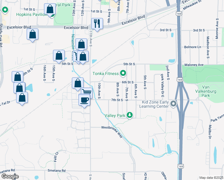 map of restaurants, bars, coffee shops, grocery stores, and more near 810 6th Street South in Hopkins