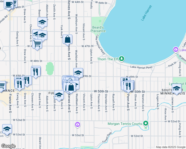 map of restaurants, bars, coffee shops, grocery stores, and more near 4853 Upton Avenue South in Minneapolis