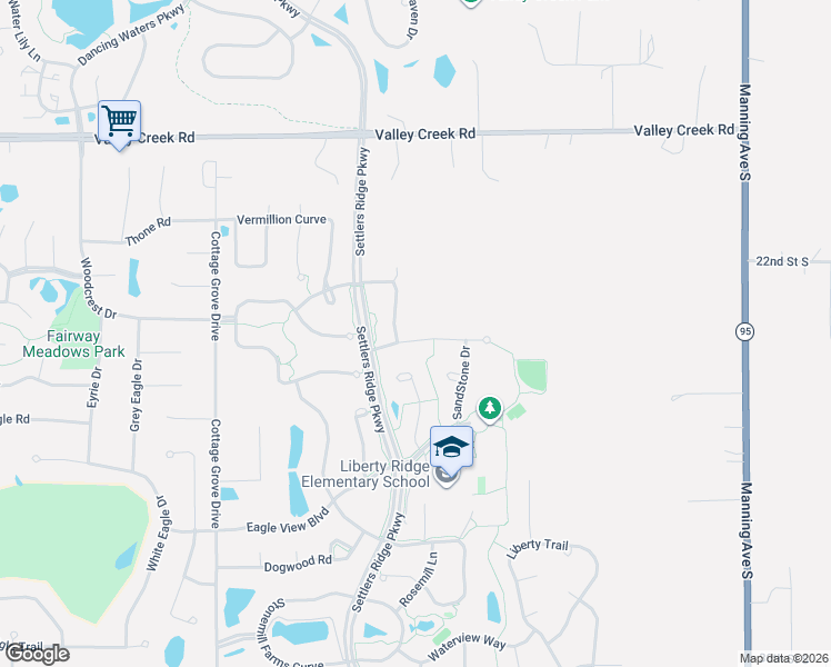 map of restaurants, bars, coffee shops, grocery stores, and more near 11362 Balsam Way in Woodbury