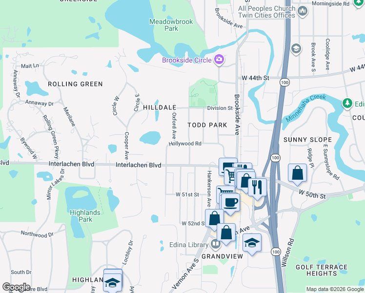 map of restaurants, bars, coffee shops, grocery stores, and more near 5305 Hollywood Road in Minneapolis