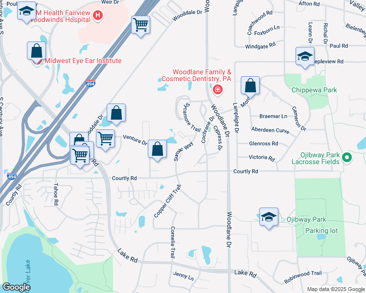 map of restaurants, bars, coffee shops, grocery stores, and more near 2370 Sumac Way in Woodbury