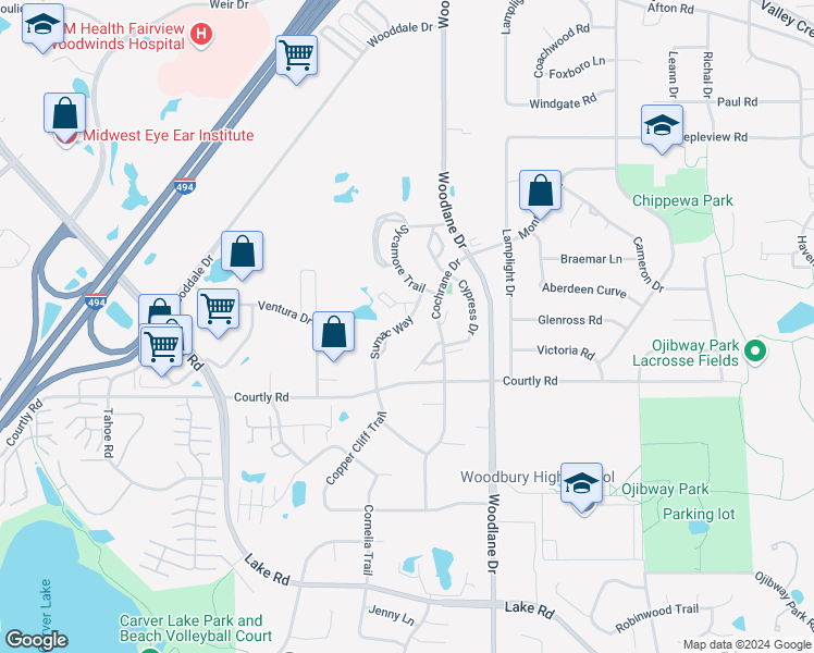 map of restaurants, bars, coffee shops, grocery stores, and more near 2369 Sumac Way in Woodbury