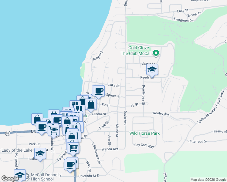 map of restaurants, bars, coffee shops, grocery stores, and more near 1407 Louisa Avenue in McCall