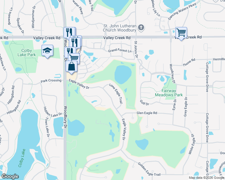 map of restaurants, bars, coffee shops, grocery stores, and more near 2452 Lone Eagle Trail in Woodbury