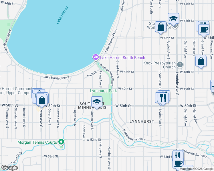 map of restaurants, bars, coffee shops, grocery stores, and more near 1409 West Minnehaha Parkway in Minneapolis