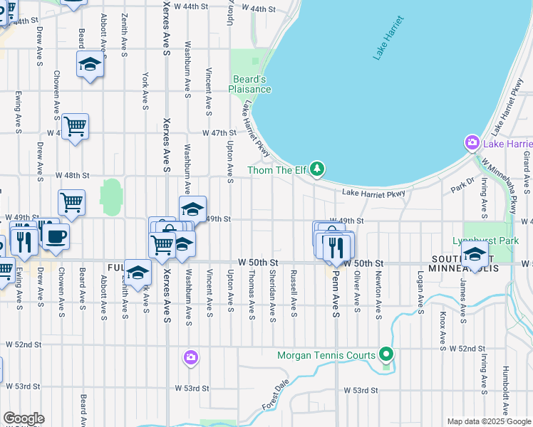 map of restaurants, bars, coffee shops, grocery stores, and more near 2622 West 49th Street in Minneapolis