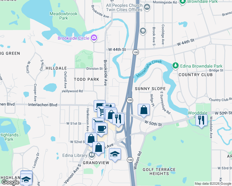 map of restaurants, bars, coffee shops, grocery stores, and more near 5104 Millpond Place in Minneapolis