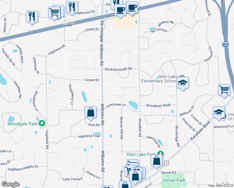map of restaurants, bars, coffee shops, grocery stores, and more near 4906 Beacon Hill Road in Minnetonka
