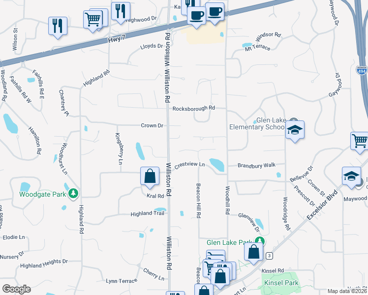 map of restaurants, bars, coffee shops, grocery stores, and more near 4906 Beacon Hill Road in Minnetonka