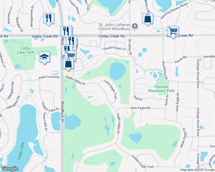 map of restaurants, bars, coffee shops, grocery stores, and more near 2452 Lone Eagle Trail in Woodbury
