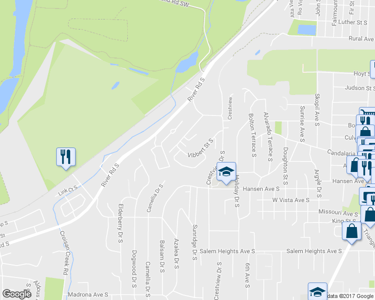 map of restaurants, bars, coffee shops, grocery stores, and more near 2849 Vibbert Street South in Salem