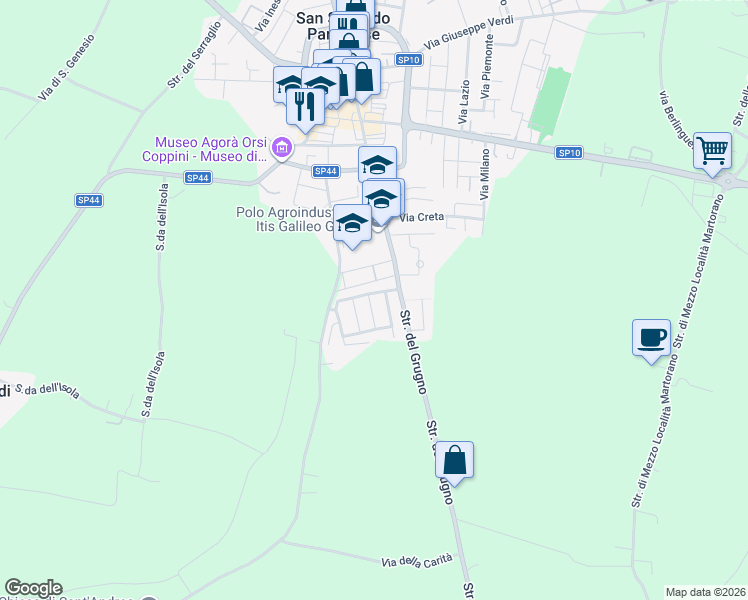 map of restaurants, bars, coffee shops, grocery stores, and more near 3 Via Don Leopoldo Buratti in Provincia di Parma