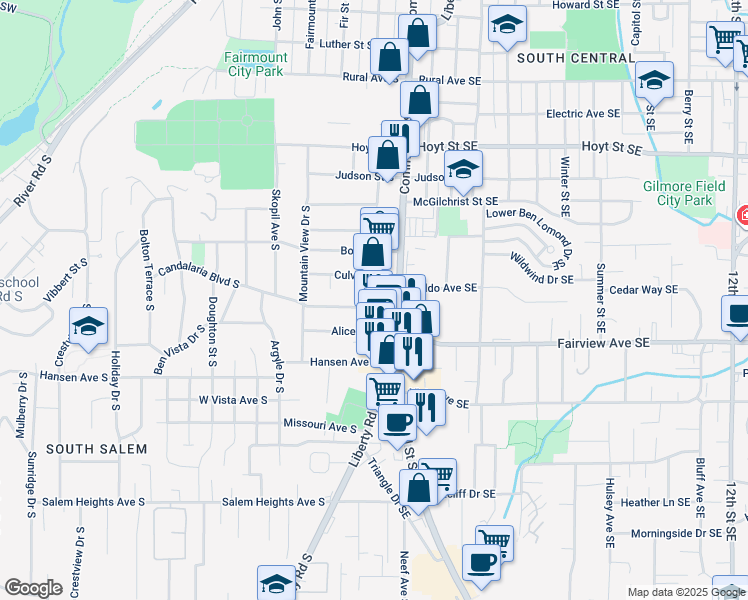 map of restaurants, bars, coffee shops, grocery stores, and more near 2659 Commercial Street Southeast in Salem