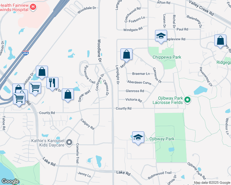 map of restaurants, bars, coffee shops, grocery stores, and more near 2348 Lamplight Dr in Woodbury