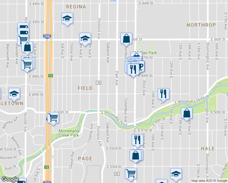 map of restaurants, bars, coffee shops, grocery stores, and more near 4850 Park Avenue in Minneapolis