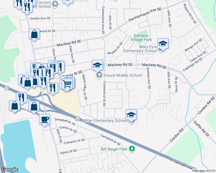 map of restaurants, bars, coffee shops, grocery stores, and more near 4513 Arabian Court Southeast in Salem