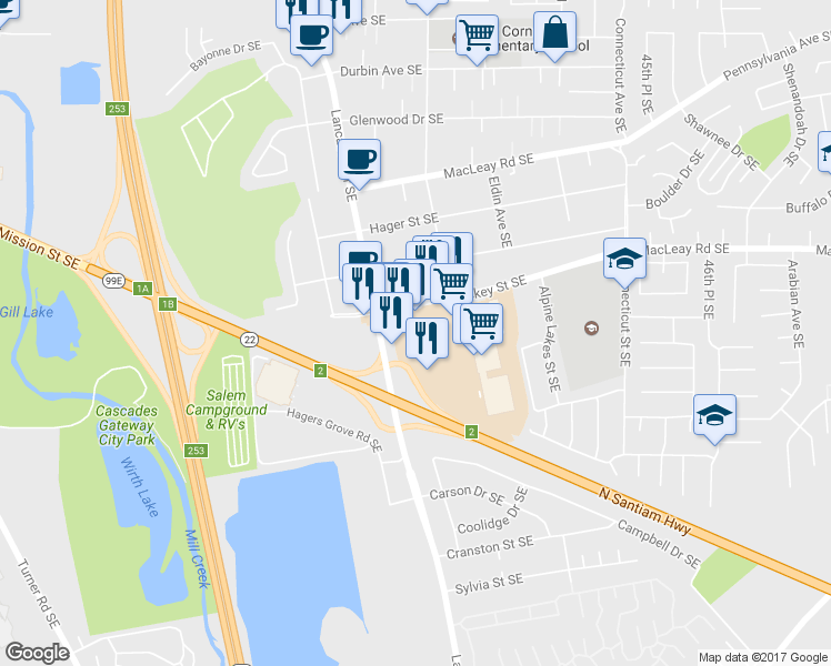 map of restaurants, bars, coffee shops, grocery stores, and more near 1140 Lancaster Drive Southeast in Salem