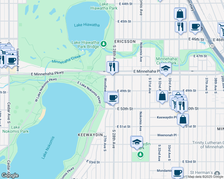 map of restaurants, bars, coffee shops, grocery stores, and more near 4850 South 28th Avenue in Minneapolis