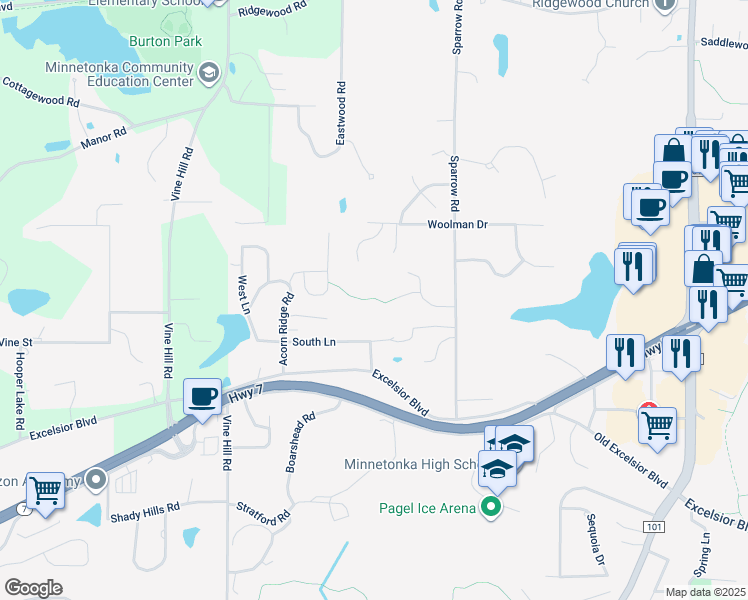 map of restaurants, bars, coffee shops, grocery stores, and more near 18601 Beaver Trail in Minnetonka
