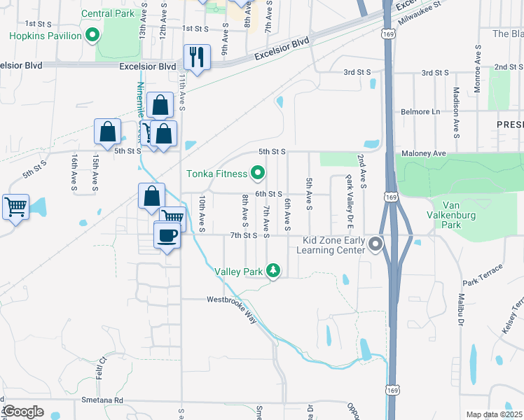 map of restaurants, bars, coffee shops, grocery stores, and more near 610 7th Avenue South in Hopkins