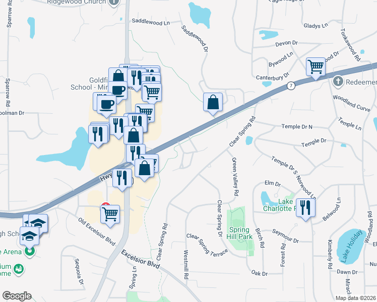 map of restaurants, bars, coffee shops, grocery stores, and more near 17182 Sandy Lane in Minnetonka