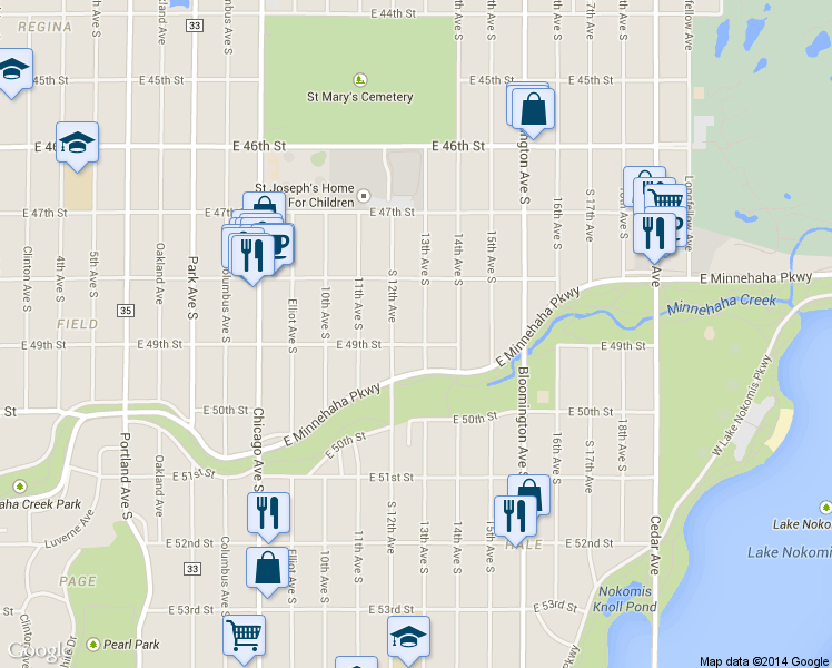 map of restaurants, bars, coffee shops, grocery stores, and more near 4848 13th Ave S in Minneapolis